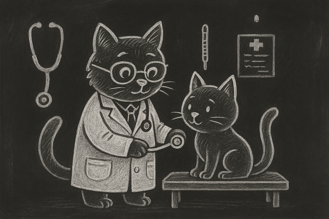 generate a cat doctor checking a cat with chalkboard style cartoon
