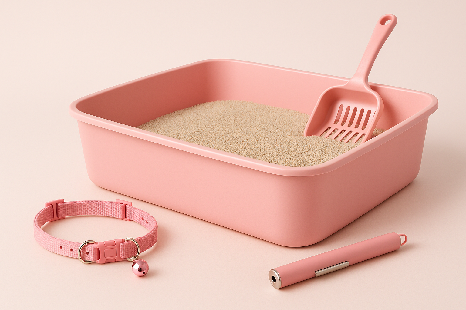 Pink cat litter set with litter sand, collar, and laser pointer