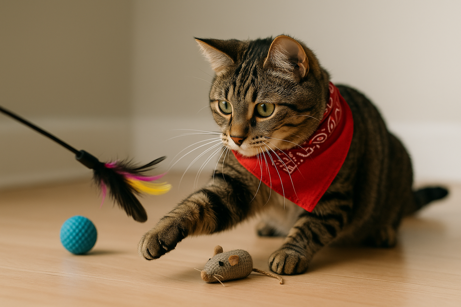 Realistic costumed cat playing with toys header image
